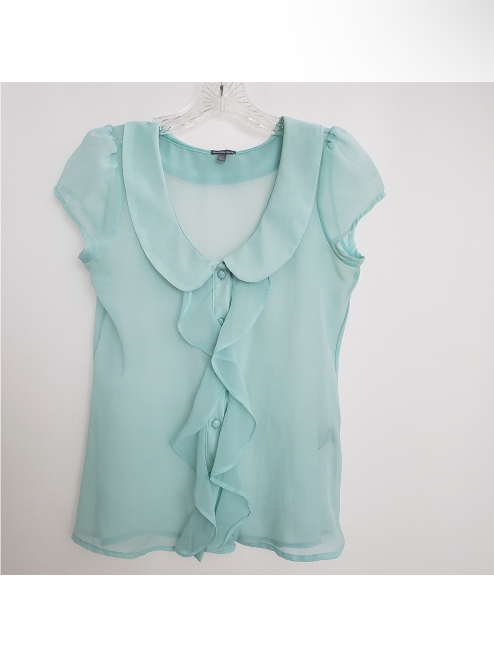 Light Aqua Ruffle Front Peter Pan Collar Blouse - Women